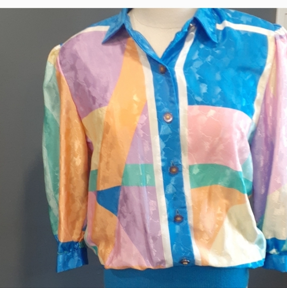 Vintage Y2k Office Siren  vibrant color blocking blouse top  size 6 - Picture 15 of 15